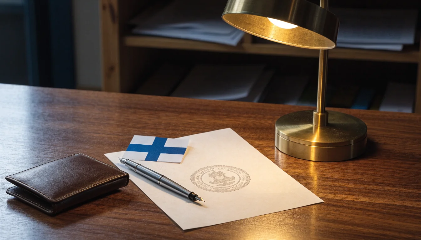 Virallinen asiakirja, kynä ja lompakko työpöydällä